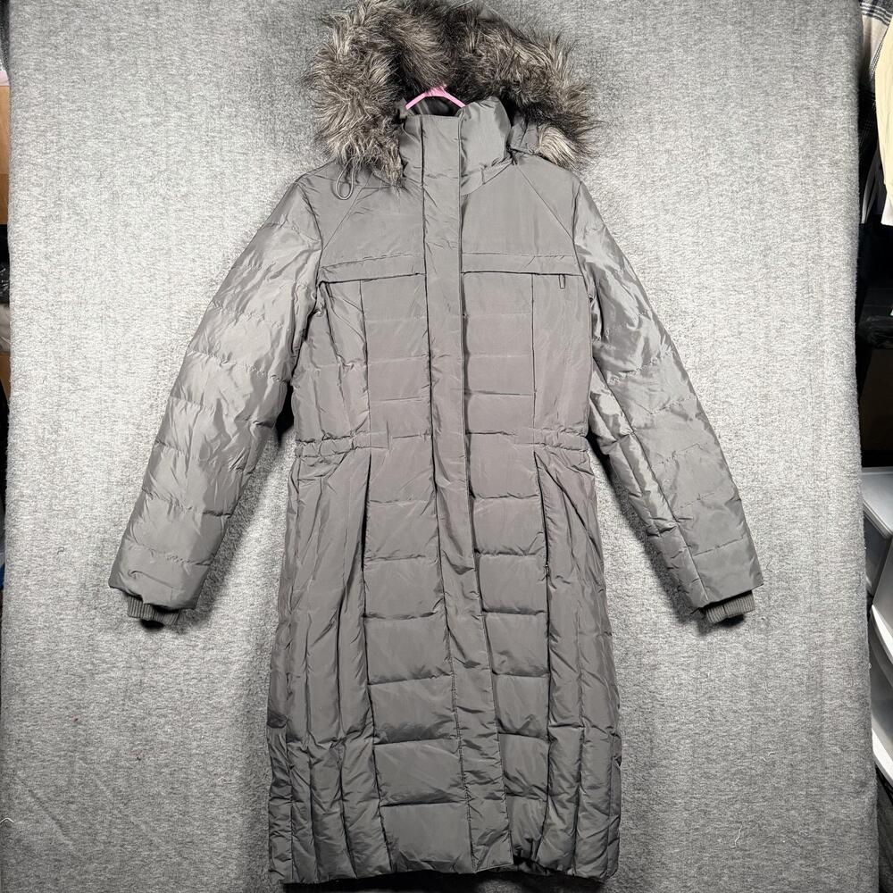 Calvin Klein Coat Womens XS Gray Hooded Down Puffer Long Parka Winter Faux Fur